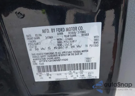 2006 Ford F-150 Lariat/Xl/Xlt from USA, damaged, VIN 1FTPX12V36NB11520